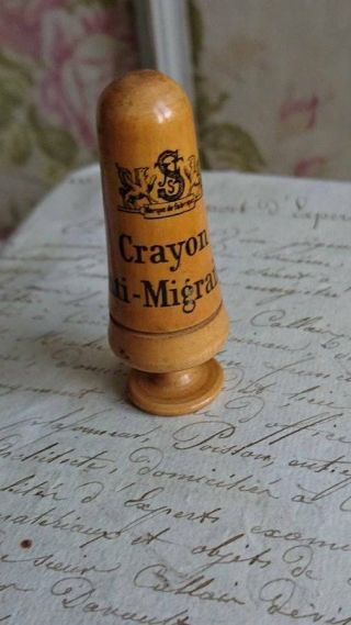 Antique French Apothecary Pharmacie Wooden Crayon A Migraine C1900