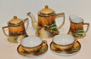 Vtg Oriental Tea Set - Eggshell Japanese Scene Porcelain - Teapot,  Cream,  Sugar - Euc