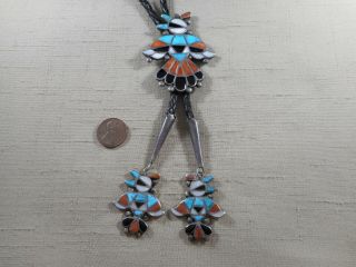 Old Large Zuni Multi - Color Inlay Thunderbird Bolo Tie With Fancy Matching Tips
