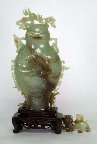 Chinese Carved Hardstone Urn With Phoenix and Foo Dog 9