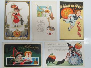 5 Vintage Embossed Halloween Postcards Witches,  Pumpkins,  Bats,  1919