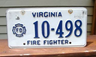 Virginia Fire Fighter License Plate Firefighter 10 - 498
