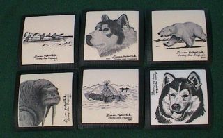 Vintage Set Of 6 Alaska Florence Malewotkuk Eskimo Scenes Souvenir Coasters