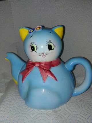 Rare Vintage Norcrest Anthropomorphic Blue Kitten Cat Teapot Ct - 1 With Label
