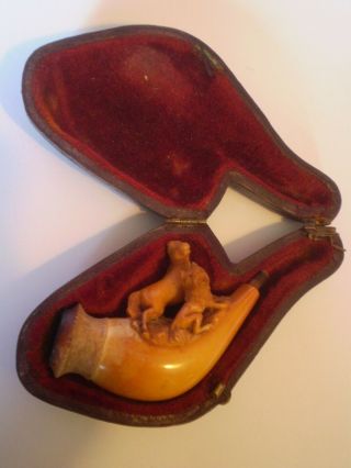 Antique Meerschaum Pipe With Fitted Case,  Horse & Dog Design