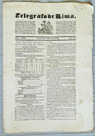 Peru Newspaper Gazette Telegrafo 1837 Of " Servant " Launderer Slave Required