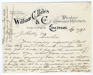 Cincinnati Ohio 1897 Whiskey Commission Merchants William Biles Co Letterhead
