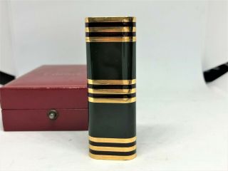 Rare Auth Cartier K18 Gold - Plated Lacquer Striped Pattern Oval Lighter