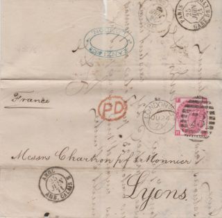 1871 Qv London Zanzi & Co Merchant Cover With A 3d Red Rose Stamp Sent To Lyons