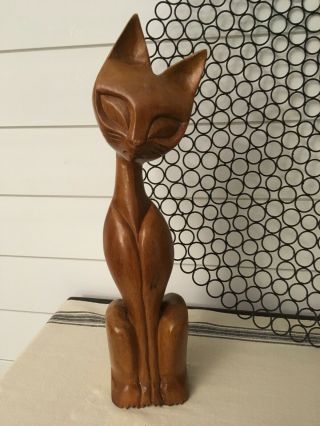 Cool Cat Vintage Mid Century Carved Wood Figurine 16 " Tall
