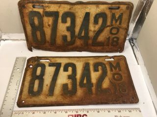 Matching Pair Antique 1918 Missouri License Plates.  101 Years Old.  87342.