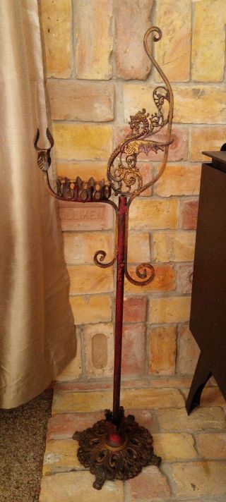 Antique Cast Wrought Iron Gold Gilt & Red Dragon Smoking Ash Tray Floor Stand