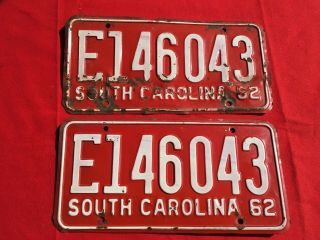 1962 South Carolina License Plates E146043 Red & White Matched Set