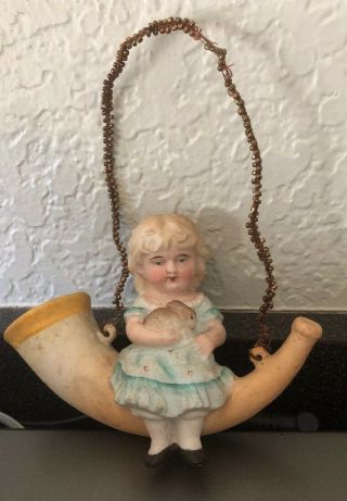 Antique German Porcelain Candy Container Ornament - Girl With Bunny On Horn