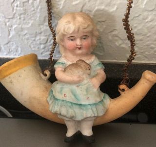 ANTIQUE GERMAN PORCELAIN CANDY CONTAINER ORNAMENT - GIRL WITH BUNNY ON HORN 2