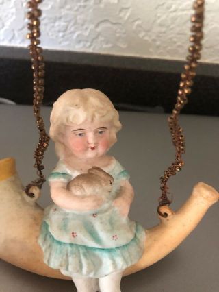 ANTIQUE GERMAN PORCELAIN CANDY CONTAINER ORNAMENT - GIRL WITH BUNNY ON HORN 6