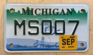 Michigan Motorcycle Cycle License Plate " Ms 007 " Mi Spectacular Peninsulas