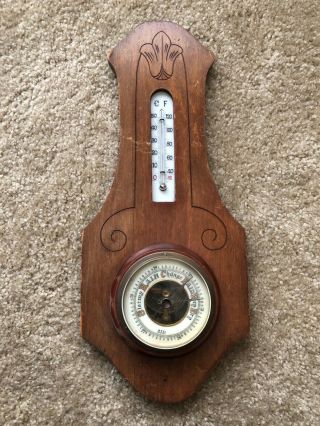 Antique Art - Deco Vintage Carved Wood Barometer Thermometer.