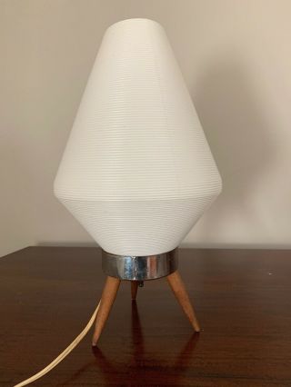 Vintage Mid - Century Modern Wood Footed Table Lamp W Ribbed Plastic Shade