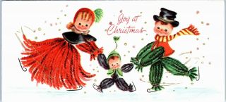 Yarn Doll Pretty Lady Girl Man Kid Ice Skate Family Vtg Christmas Greeting Card
