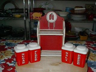 Lustro Ware Red & White Range Shaker Set Flour Sugar Salt Pepper 4 " Very Rare