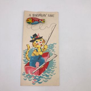 Vintage Fishing Cat Birthday Card - 