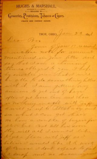 Jan 23 1898 Hand Written Letter/hughs & Marshall Troy Ohio From J B M To Brother