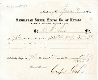 1869 Manhattan Silver Mining Co Austin Nevada Assay Voucher