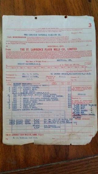 1942 Montreal Quebec Bill Of Lading St Lawrence Flour Mills Co Cn Railways Co