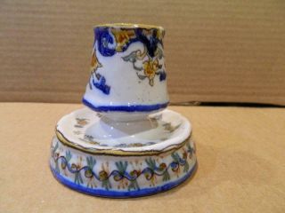 French Faience Pottery Match Holder & Striker Blue/Yellow Antique 4