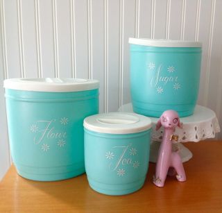 Vintage Mcm Flour,  Sugar,  Tea Plastic Turquoise Canister Storage Set