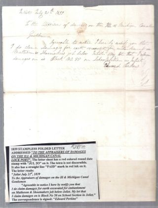 1839 Stamp Less Folded Letter Ill & Michigan Canal Lock Port Edward Perkins
