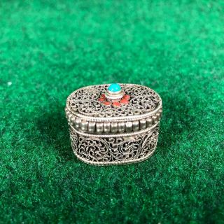 Vintage 925 Sterling Silver Filigree Pill / Snuff Box W/ Turquoise & Coral