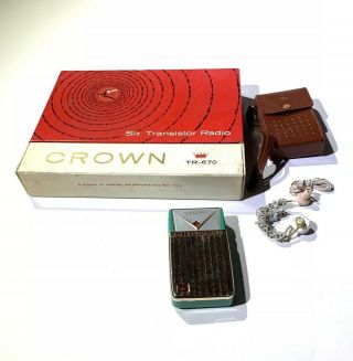 Vintage Crown Transistor Radio With Accessories TR 670 Aqua 2