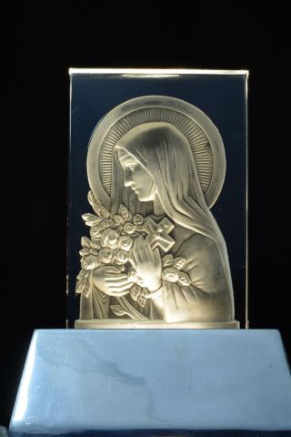 RELIGIOUS FRENCH ART DECO GLASS LAMP BY VERLYS PORTRAIT ST THERESA ROSES BRONZE 5