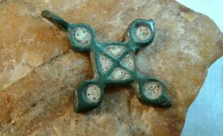 Rare Antique 10 - 13th Century Viking - Age Larger " Solar " Cross Inlaid With Enamel