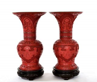 2 Chinese Cinnabar Lacquer Carved Bird Vase With Wood Stand
