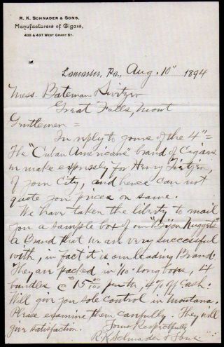 1894 Lancaster Pennsylvania - R K Schnader & Sons Cigars Letter Head Rare
