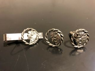 Rare Old Man Of The Mountain Cuff Links & Tie Clip Set