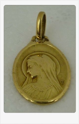 Antique French Religious Solid 18k Gold Virgin Medal Pendant 2.  9 Grams