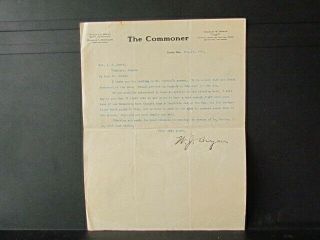 1911 Orator & Politician William Jennings Bryan Autographed The Commoner Letter