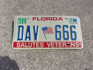 Florida 1994 Salutes Veterans License Plate Dav 666
