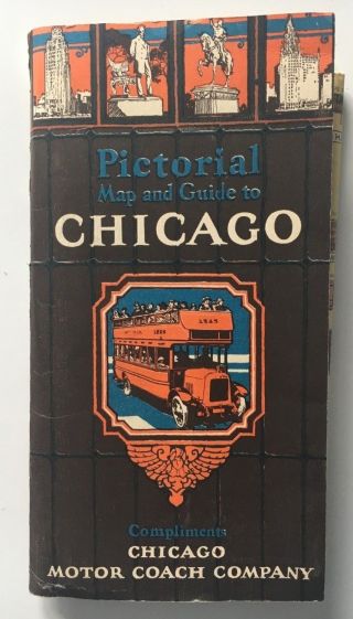 Vintage C.  1920s Chicago Motor Coach Pictorial Map Large Color Foldout & Booklet