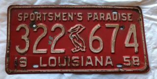 Vintage 1958 Louisiana Metal State License Plate Sportsmen’s Paradise Pelican