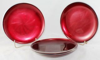 Set Of 4 Olden - Norway - Anodized Aluminum - 7 " Dishes - Mcm - Deep Red - Star In Center