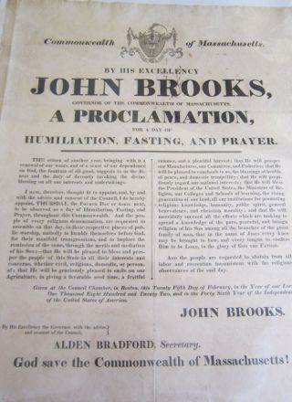 1822 Ma Gov.  Broadside: Fasting,  Prayer,  Humiliation - - Rev.  Emerson Of Salem