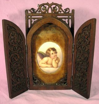 Antique Carved Wood Triptych With A Hand Painted Miniature Portrait Of An Angel
