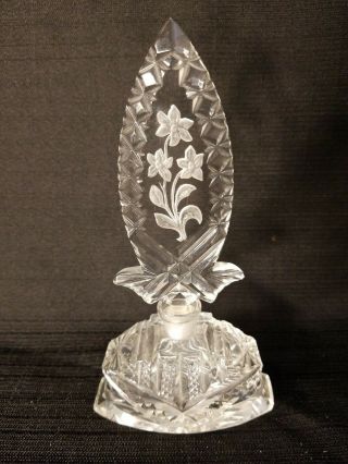 Stunning Vintage Crystal Cut Perfume Bottle Etched Flowers With Stopper