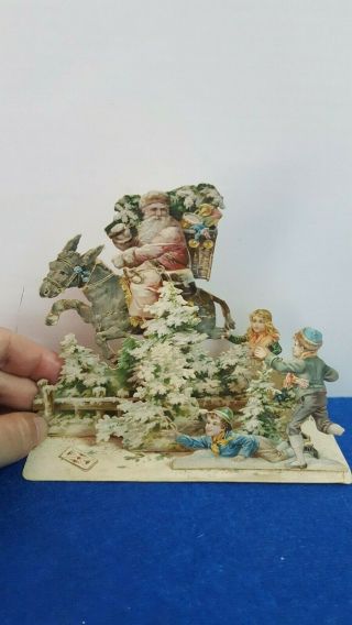 Rare Antique Die Cut Pop Up 3d Victorian Christmas Card W/ Movement Santa Donkey