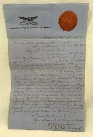 U.  S.  Consulate Letter Of Introduction To Embassy In Montreal 1854